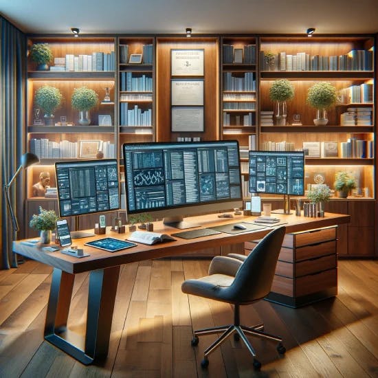 WaveMed medical writing service - a room full of books including a desk with three monitors